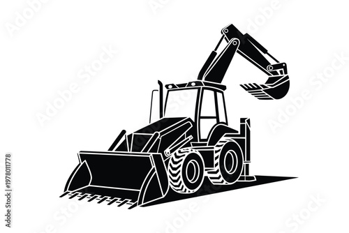 A black and white illustration of a backhoe loader on a construction site