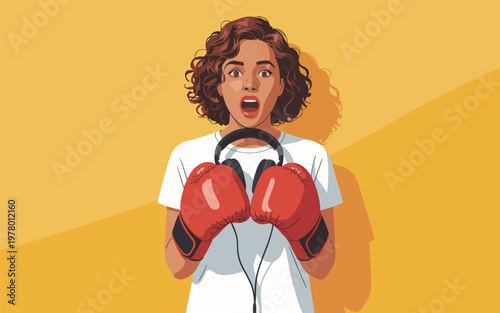 A woman wearing red boxing gloves and headphones looks surprised standing indoors
