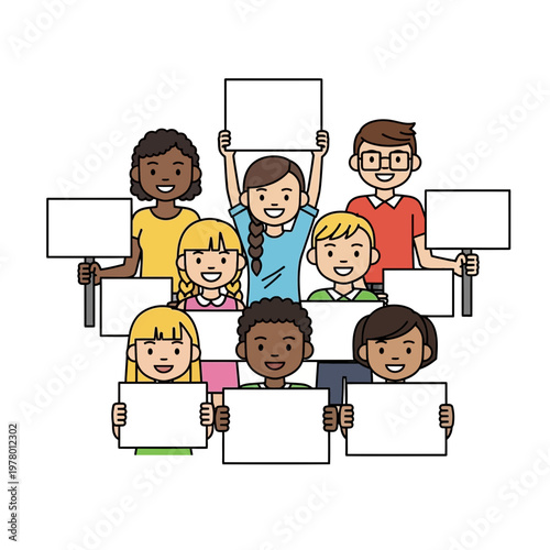 Diverse Group of Children Holding Blank Signs for Messages and Protests