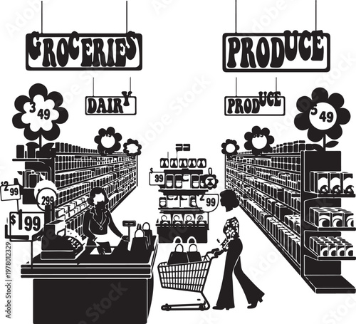 Silhouette of woman shopping in grocery store aisle silhouette, Generative Ai