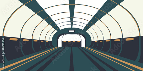 Sleek, empty, futuristic transportation tunnel or metro corridor with elegant, clean lines and a bright arched ceiling, symbolizing modern urban infrastructure.