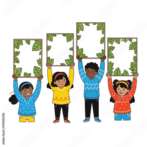 Diverse Kids Holding Blank Green Leaf Frames for Messages