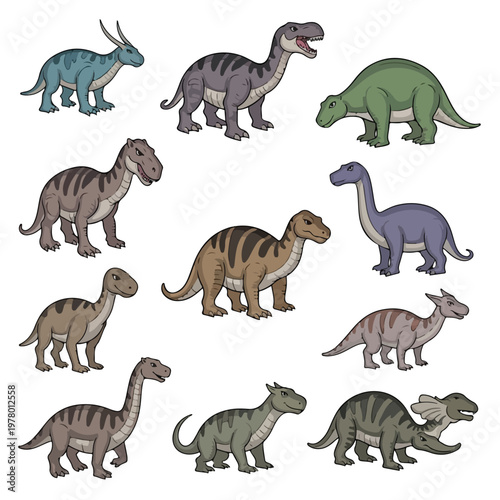 Collection of various hand drawn cartoon dinosaurs isolated on white background.