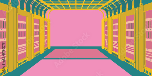 Vibrant retro-futuristic hallway with striking pink walls, yellow accents, and teal floors, evoking a distinctive vaporwave aesthetic with a nostalgic digital feel.