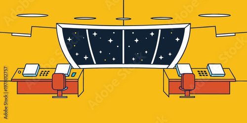 Futuristic spaceship control room featuring two workstations with desktop computers positioned in front of a large viewing window showing stars