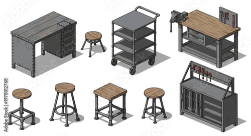 Industrial Workshop Furniture Collection Isometric View.