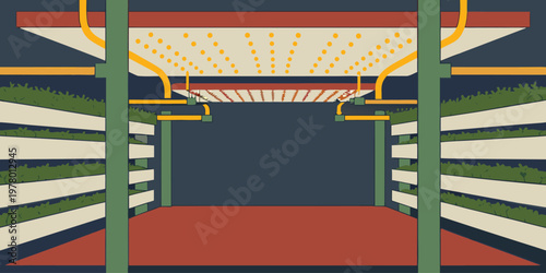 Vertical farming system featuring multiple layers of green plants illuminated by artificial lights within a controlled indoor agricultural growing environment
