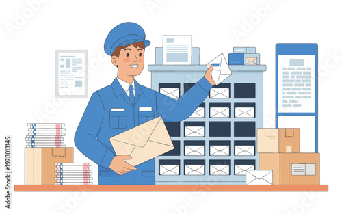 Man in blue uniform holds package and postal item at shipping counter