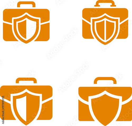 Set of four orange briefcase icons with shield emblems, symbolizing business security, protection, and safety in the corporate world, representing secure transactions and data privacy.