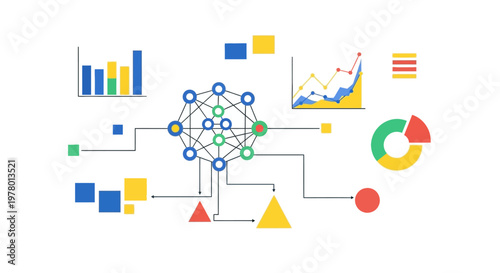 Abstract illustration of a neural network processing data with various charts and graphs, representing machine learning and data analysis concepts.