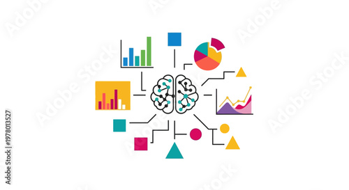 An illustration depicting a brain processing and analyzing various forms of data visualizations and information, representing AI and data science concepts.
