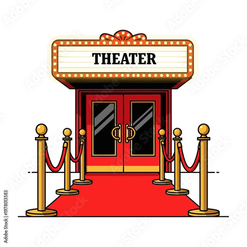 Red carpet entrance to a theater with illuminated marquee and velvet ropes
