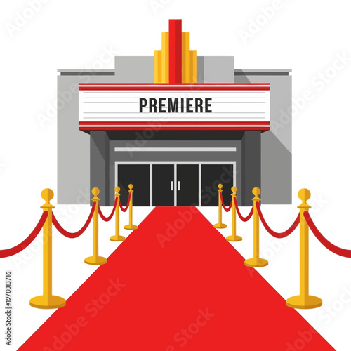 Red Carpet Premiere Event Cinema Entrance with Stanchions and Festive Marquee