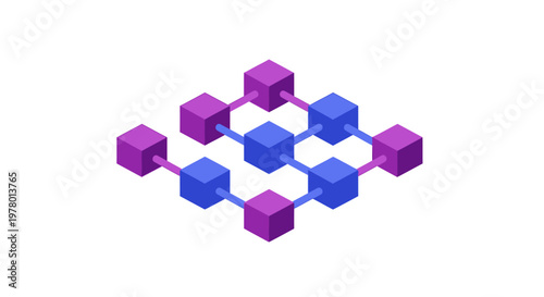Isometric illustration of a decentralized network structure with interconnected blue and purple cubes.