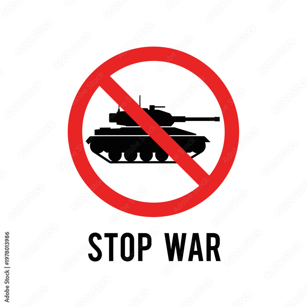 Obraz premium Stop War Sign with Tank Silhouette and Red Prohibition Circle