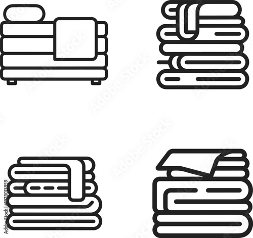 Set of four minimalist line art icons representing folded linens, including a neatly made bed with a pillow and blanket, and three stacks of clean, folded towels or sheets