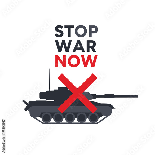 Stop War Now Message with Tank and Red Cross Symbol