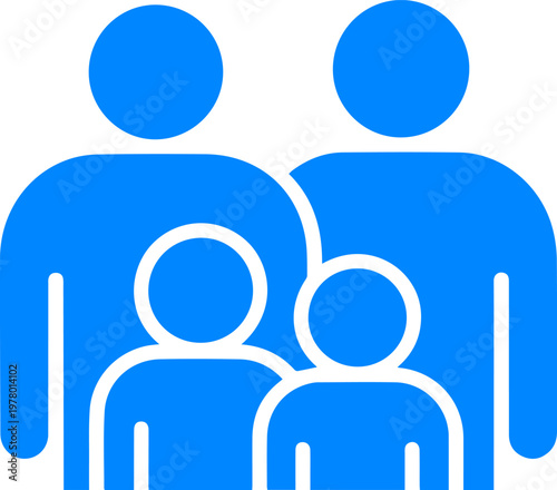 Simple blue icon representing a family unit with two parents and two children, symbolizing togetherness, unity, and domestic harmony in a clean, modern graphic design style