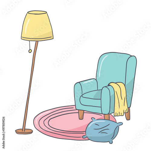 cozy corner with armchair, lamp, rug and pillow for bedtime or relaxation themes. Pajama day slumber party sleeping doodle hand drawn