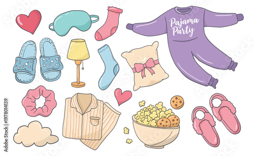 Pajama day slumber party sleeping doodle hand drawn cartoon icons pajamas, slippers, sleep mask, popcorn and heart accents.