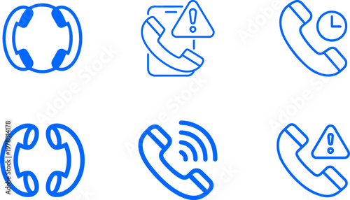 Collection of blue line icons representing various phone call statuses and actions, including incoming calls, missed calls, call alerts, and conference calls, suitable for digital communication