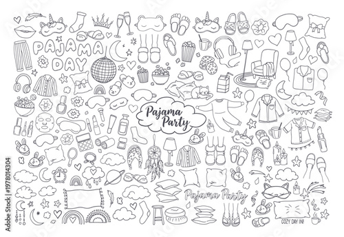 Pajama day slumber party sleeping line art doodle hand drawn set with native design elements for kids invitations and social media.