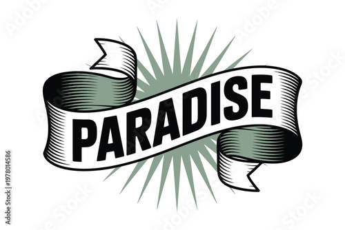 A stylized illustration of a ribbon banner with the word Paradise in bold letters