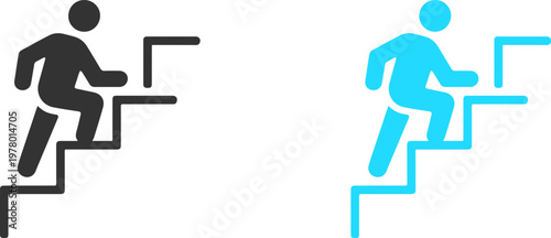 Two stylized figures, one black and one blue, ascend stairs, symbolizing progress, growth, and achieving goals. This graphic represents career advancement, personal development