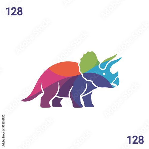 Colorful abstract triceratops dinosaur illustration with geometric segments.