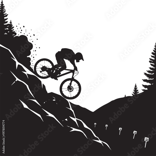 Mountain biker in silhouette jumps off cliffside trail, Generative Ai