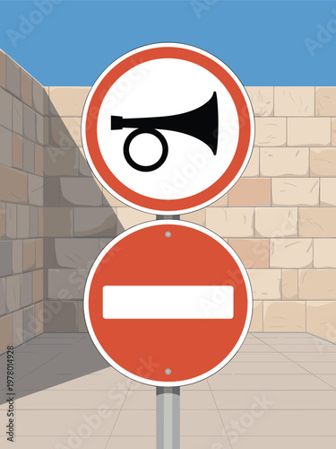 A road sign with a megaphone and a blank signpost stands against a brick wall.