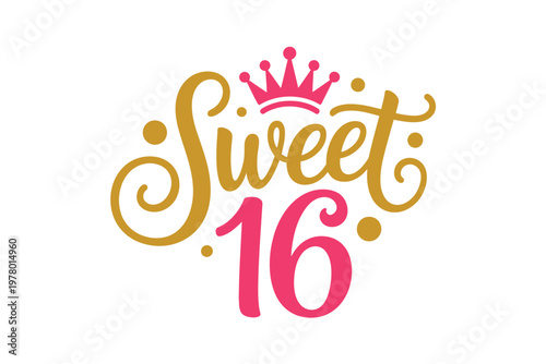 A colorful Sweet 16 logo with a crown on a white background for a teenage birthday party