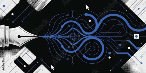 Elegant fountain pen nib drawing glowing blue digital lines representing the fusion of traditional artistic writing and modern computer technology