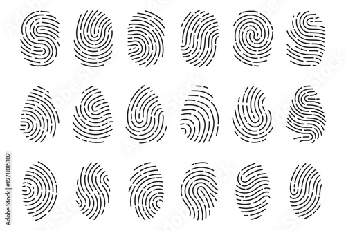 Fingerprint scanning icon set. Fingerprint identity and security symbols isolated on transparent background. Fingerprint icon signature signs for password encryption. Vector illustration