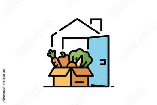 A colorful illustration of a grocery box with fresh vegetables at a house doorstep