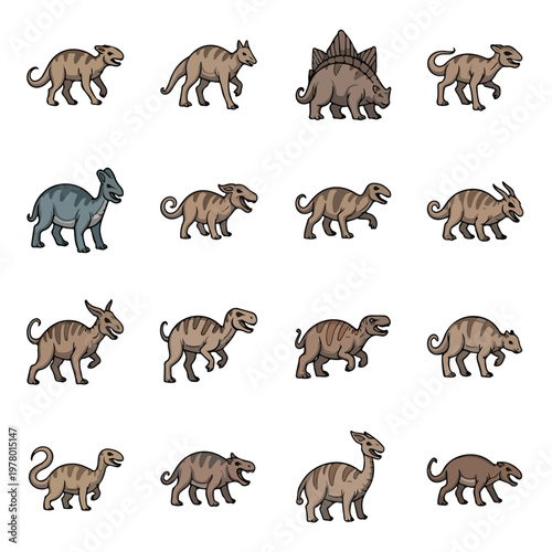 Collection of various prehistoric dinosaur character icons in cartoon style.