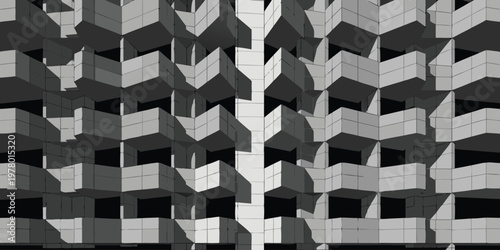 Modern architectural building facade featuring repetitive geometric balconies creating a strong visual rhythm of light and shadow in urban construction