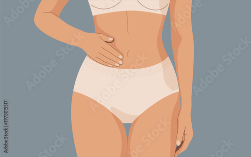 Woman in beige underwear standing with hand on stomach