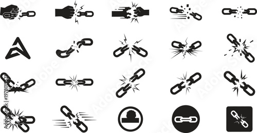 Black silhouette chain icons set diverse representations of links breaks and connection concepts