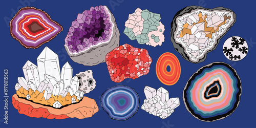 Various colorful raw gemstones and crystal clusters arranged neatly on a solid dark blue background for a decorative display