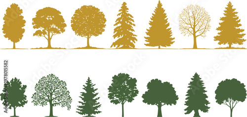 Minimal CAD Tree Line Drawing Vector Set, Side View Tree Silhouettes and Detailed Sketches for Architecture, Landscape Design, Urban Planning, and Technical Drafting
