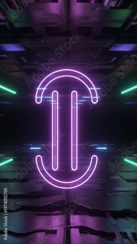 Neon purple hook sign in dark futuristic room with green lights