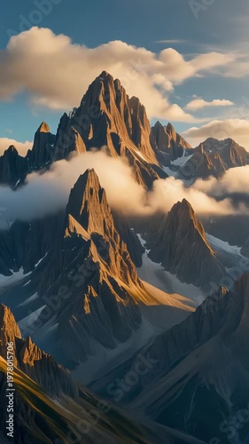 Mountain peaks rising above clouds at sunrise in a rugged landscape