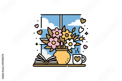 A colorful illustration of flowers in a vase on a windowsill with a book and coffee