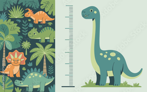 A colorful illustration of a dinosaur standing next to a growth chart surrounded by tropical plants and other dinosaurs in a jungle environment viewed from a side angle.