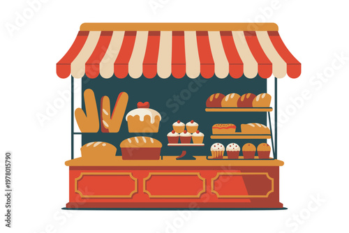 A colorful illustration of a bakery stand with various types of bread and pastries