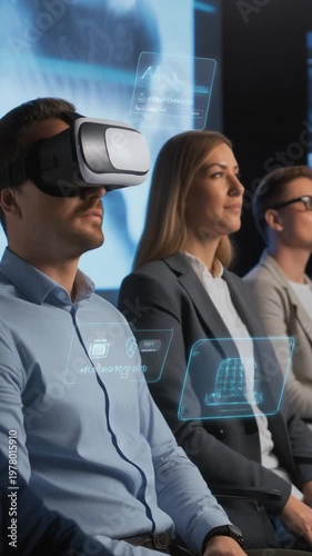 People wearing VR headset in modern conference room with futuristic interface