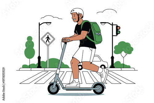 A man riding an electric scooter through a city street with a green backpack