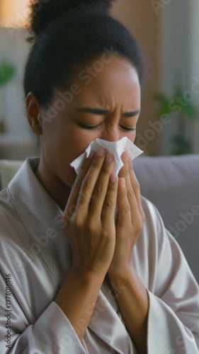 Woman blowing nose in tissue at home