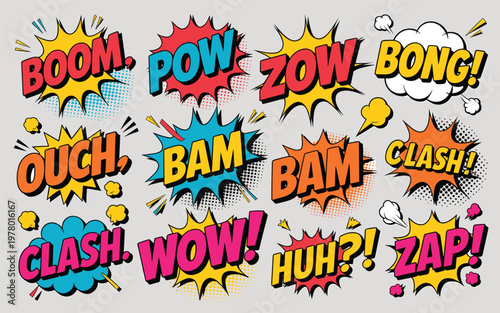 Comic book sound effects explode in a vibrant colorful display